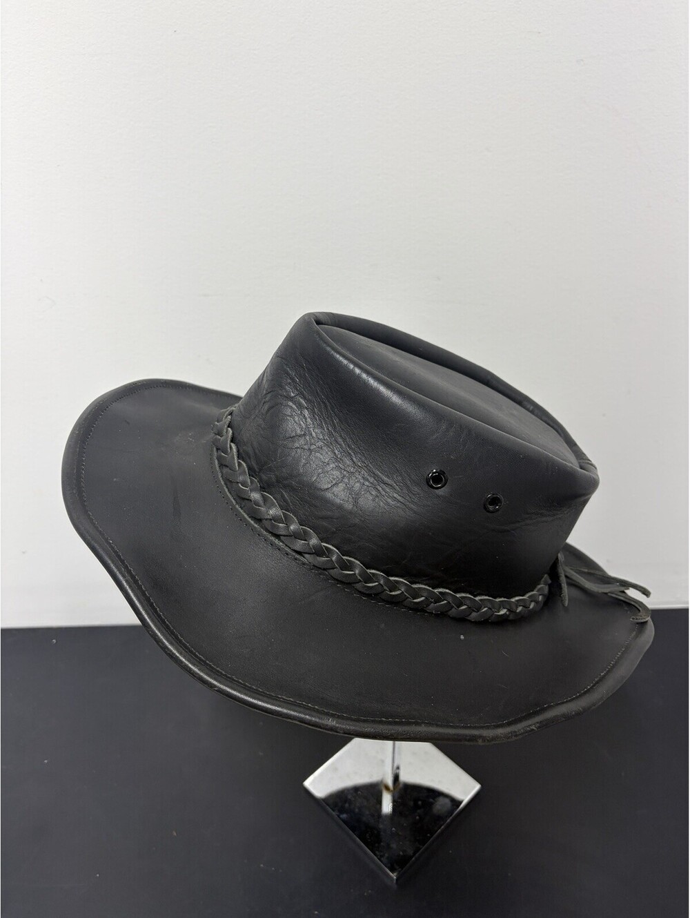 Black Leather Cowboy Hat / Australian Bush Hat With Braided Band & Side Vents
